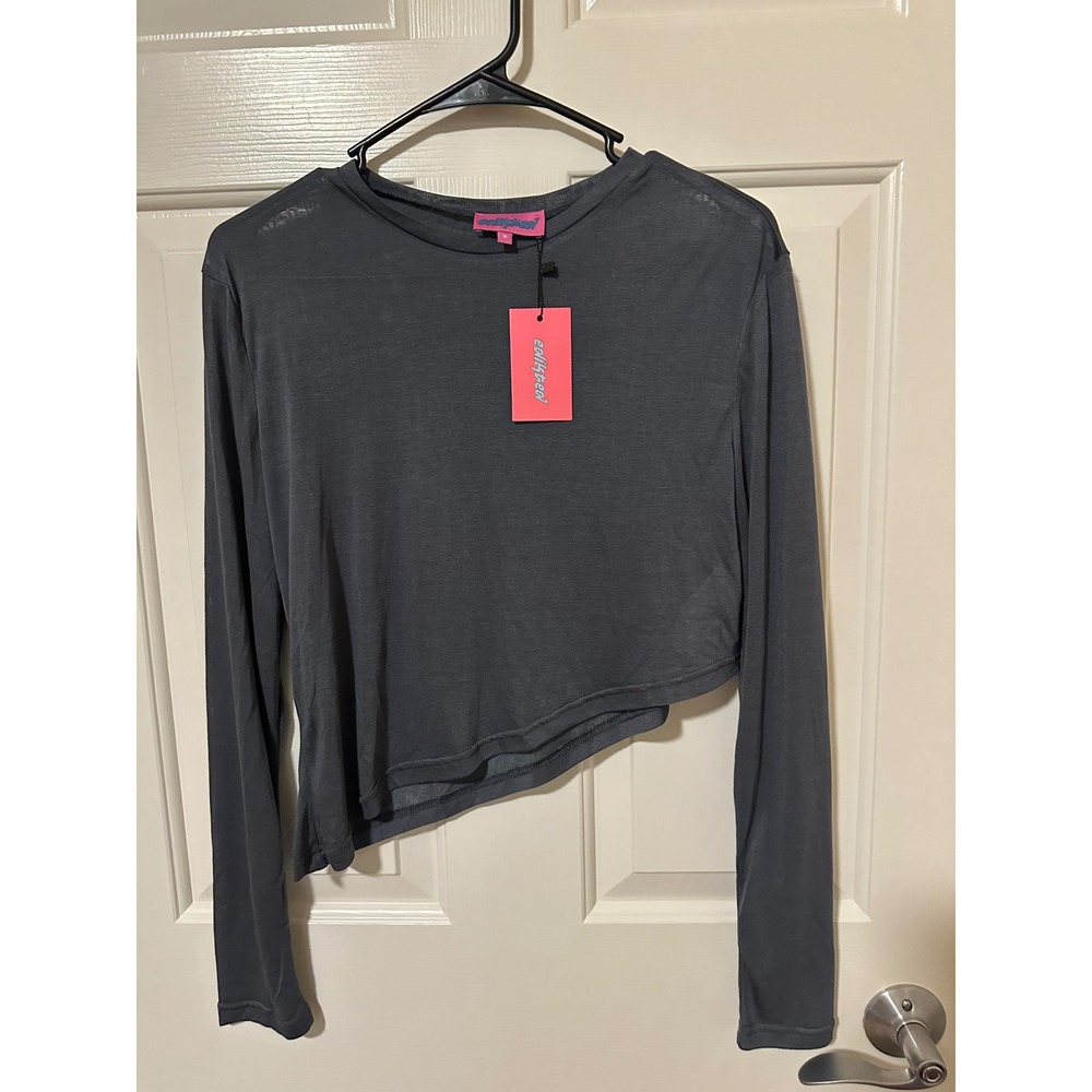 Edikted Top Women M Gray S15242 Asymmetrical Slant Hem Long Sleeve Sheer